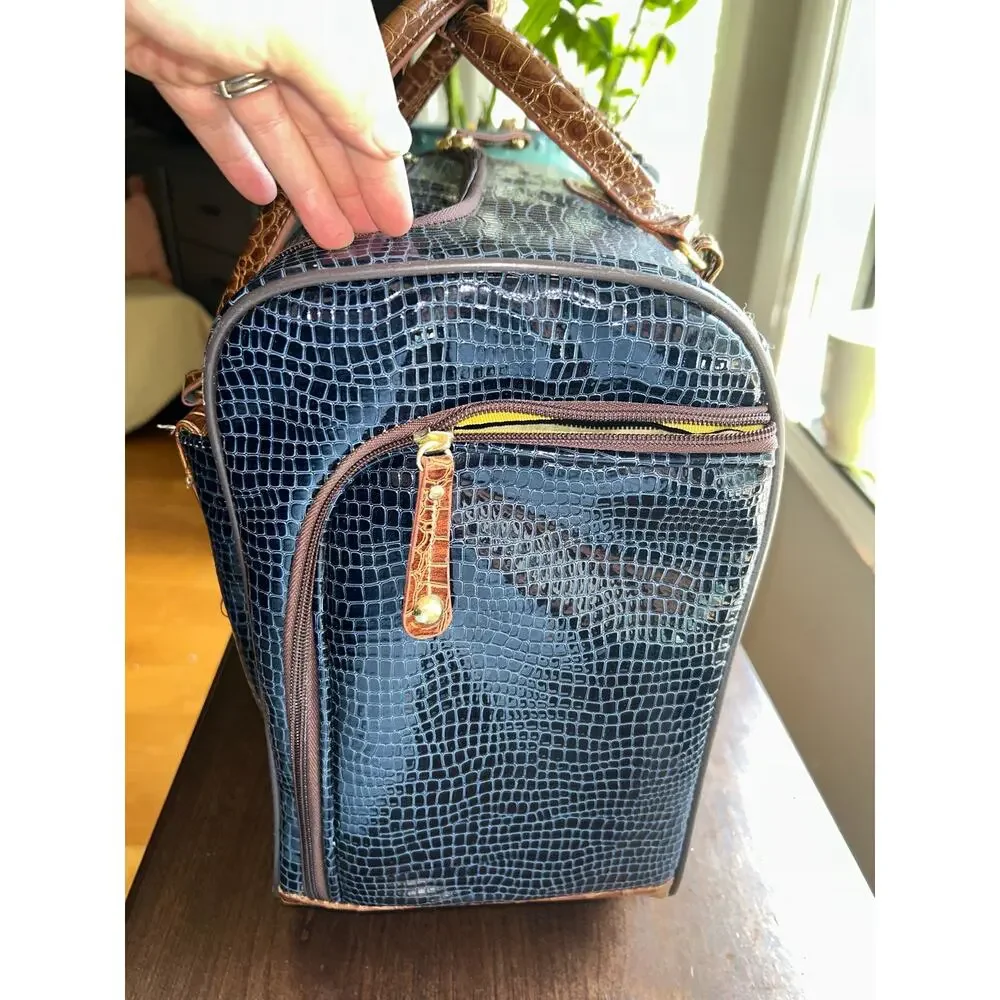 New Samantha Brown blue croc rolling carry-on luggage suitcase & toiletry bag